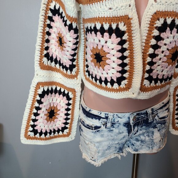 DREAMERS BY DEBUT Crochet Granny Square Cardigan Boho Retro Gypsy Grunge S/M - Picture 3 of 9